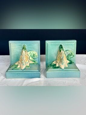 Roseville Pottery Water Lily Bookends • Vintage Art Pottery • Blue Green Glaze